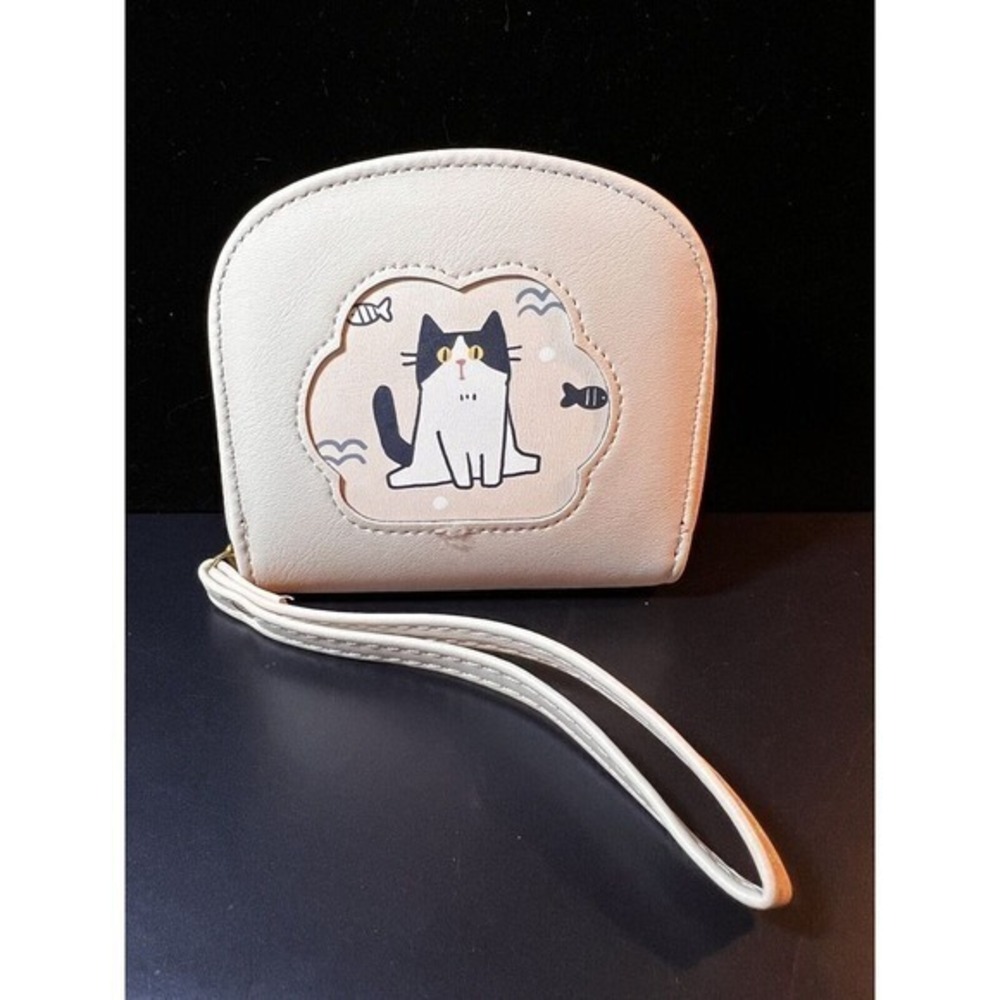 Cute Black Tuxedo‎ Cat small Zip Cream Wallet Bag NWT